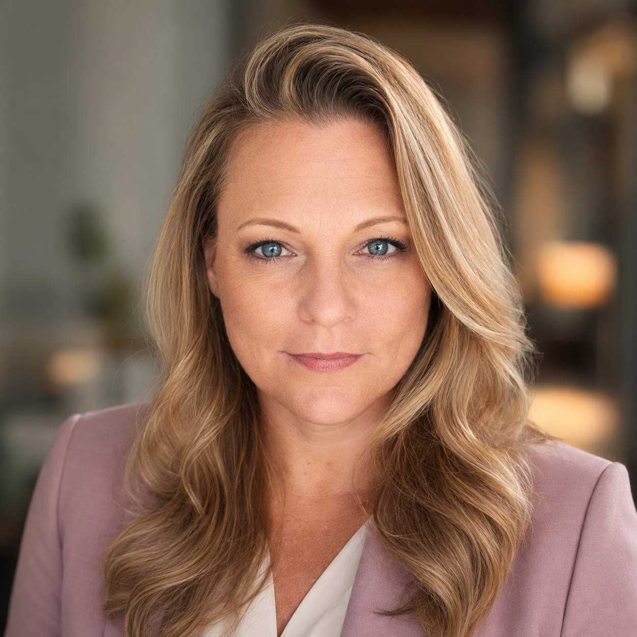 Professional headshot of a blonde woman wearing a pink blazer and white blouse
