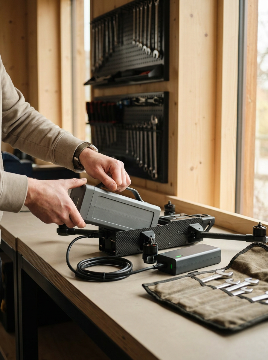 Technician assembling a carbon-fiber drone on a workshop bench with tools and a laptop.