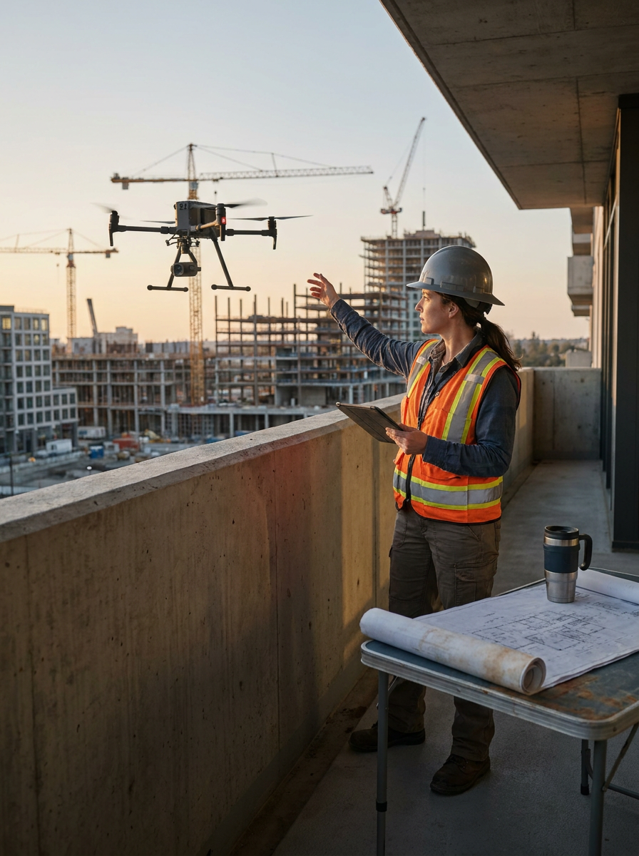 Construction worker in a hard hat and safety vest operating a camera-equipped drone above a high-rise construction site.