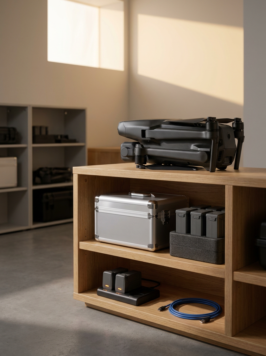 Folded professional drone with batteries, charging hub, equipment case, and cable displayed on a wooden storage shelf.