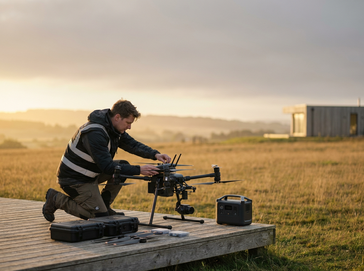 Man preparing a professional camera drone on a wooden platform beside its equipment case and portable power station at sunset