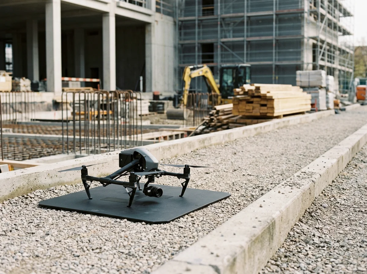 Professional camera drone at a construction site with scaffolding, excavator, and stacked lumber