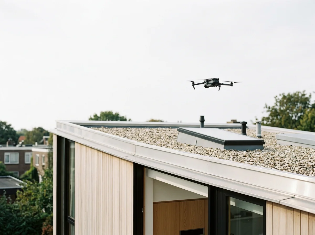 Drone flying above a modern flat-roofed building with rooftop vents and gravel roofing
