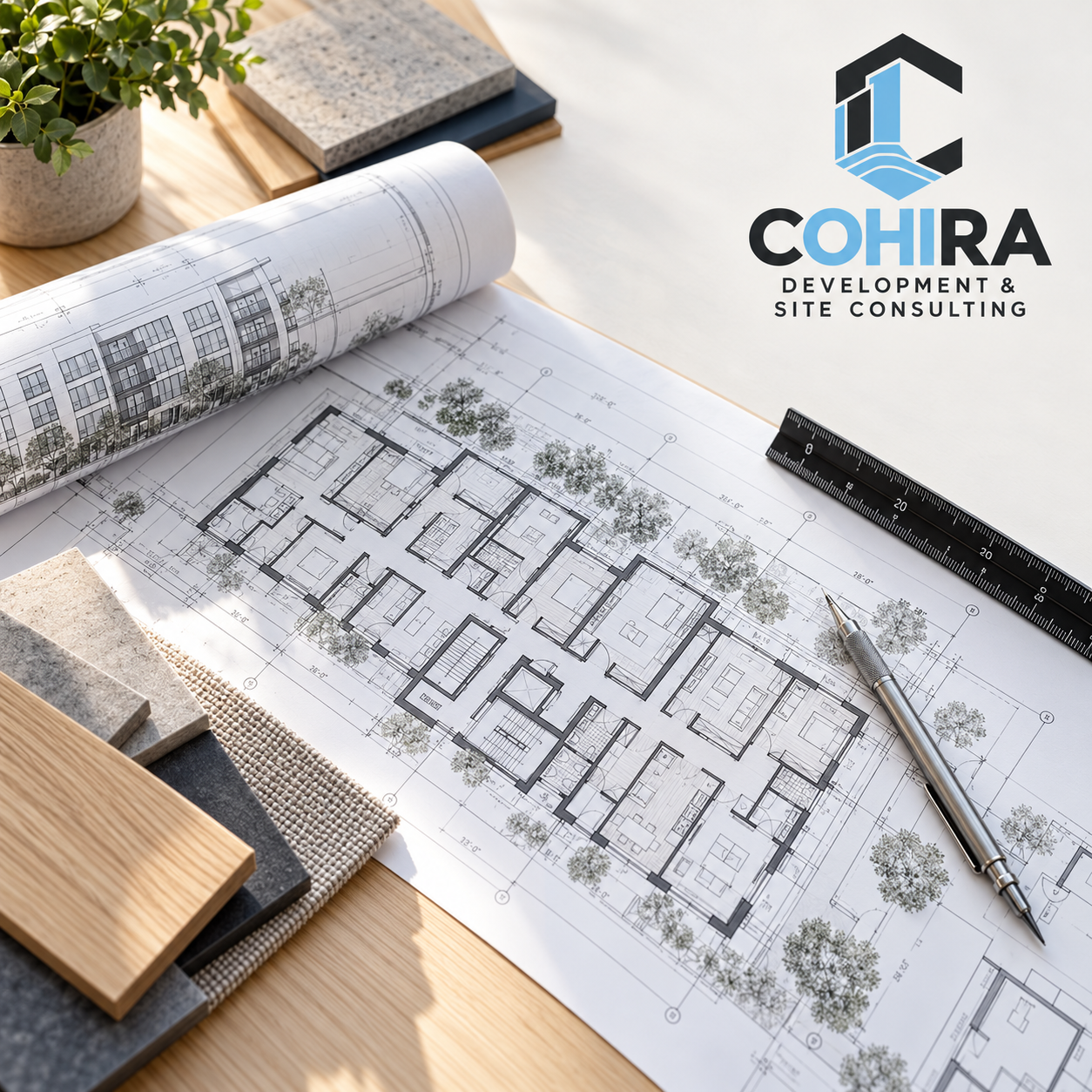Architectural floor plans with a rolled building blueprint, ruler, pen, material samples, plant, and COHIRA Development & Site Consulting logo