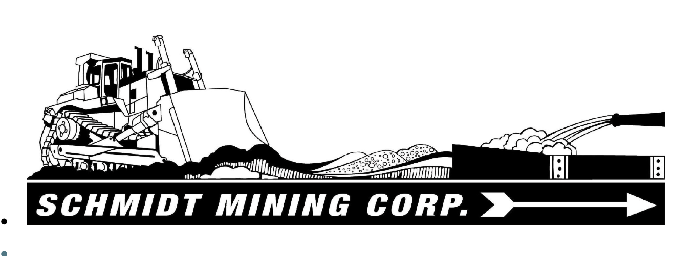Black-and-white Schmidt Mining Corp. logo featuring a bulldozer, mining conveyor, and arrows