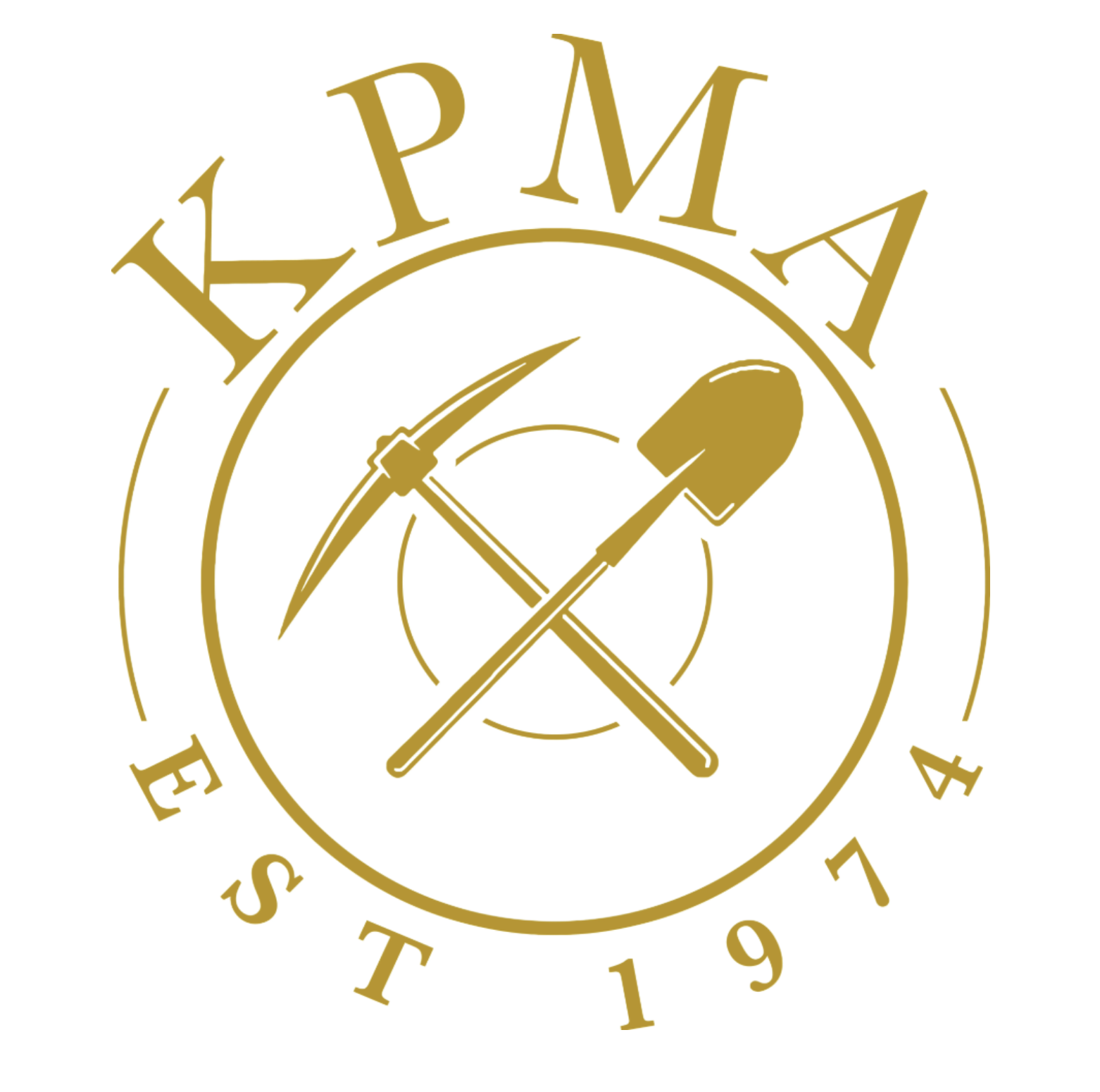 Gold crossed pickaxes and shovel inside a circular mining emblem with surrounding letters