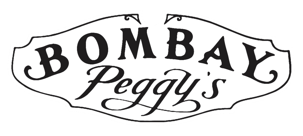 Vintage black-and-white decorative sign reading “BOMBAY Peggy’s.”