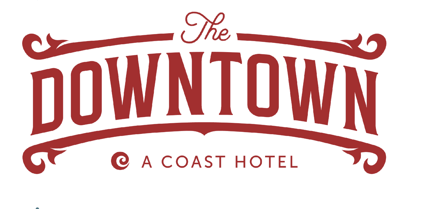 The Downtown at a Coast Hotel logo in red decorative lettering