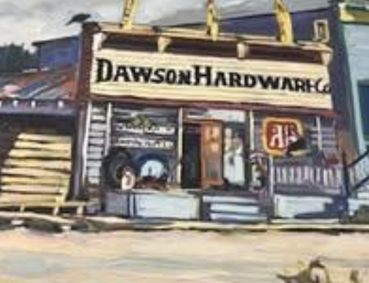 Street-front view of Dawson Hardware store with lumber stacked outside.