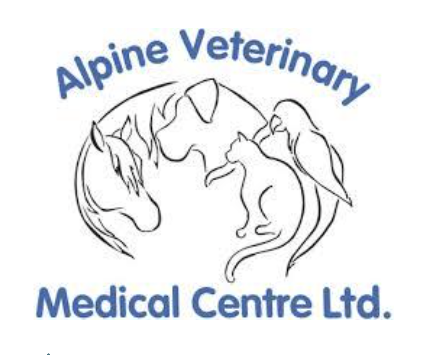 Alpine Veterinary Medical Centre Ltd. logo featuring line-art silhouettes of a horse, dog, and cat