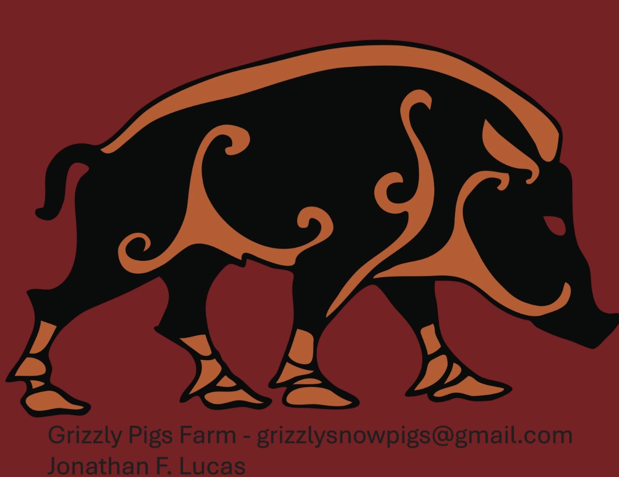 Stylized black and orange grizzly bear logo with text reading “Grizzly Pigs Farm” on a dark red background