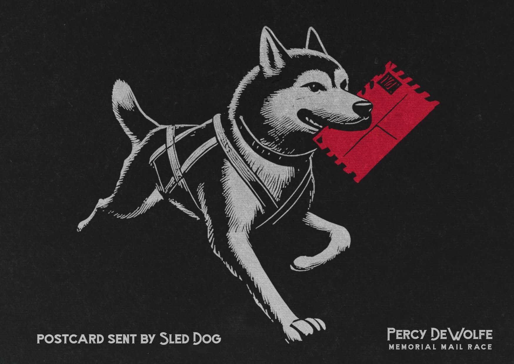 Vintage black-and-white sled dog illustration carrying a red postcard, with text for the Percy DeWolfe Memorial Mail Race.