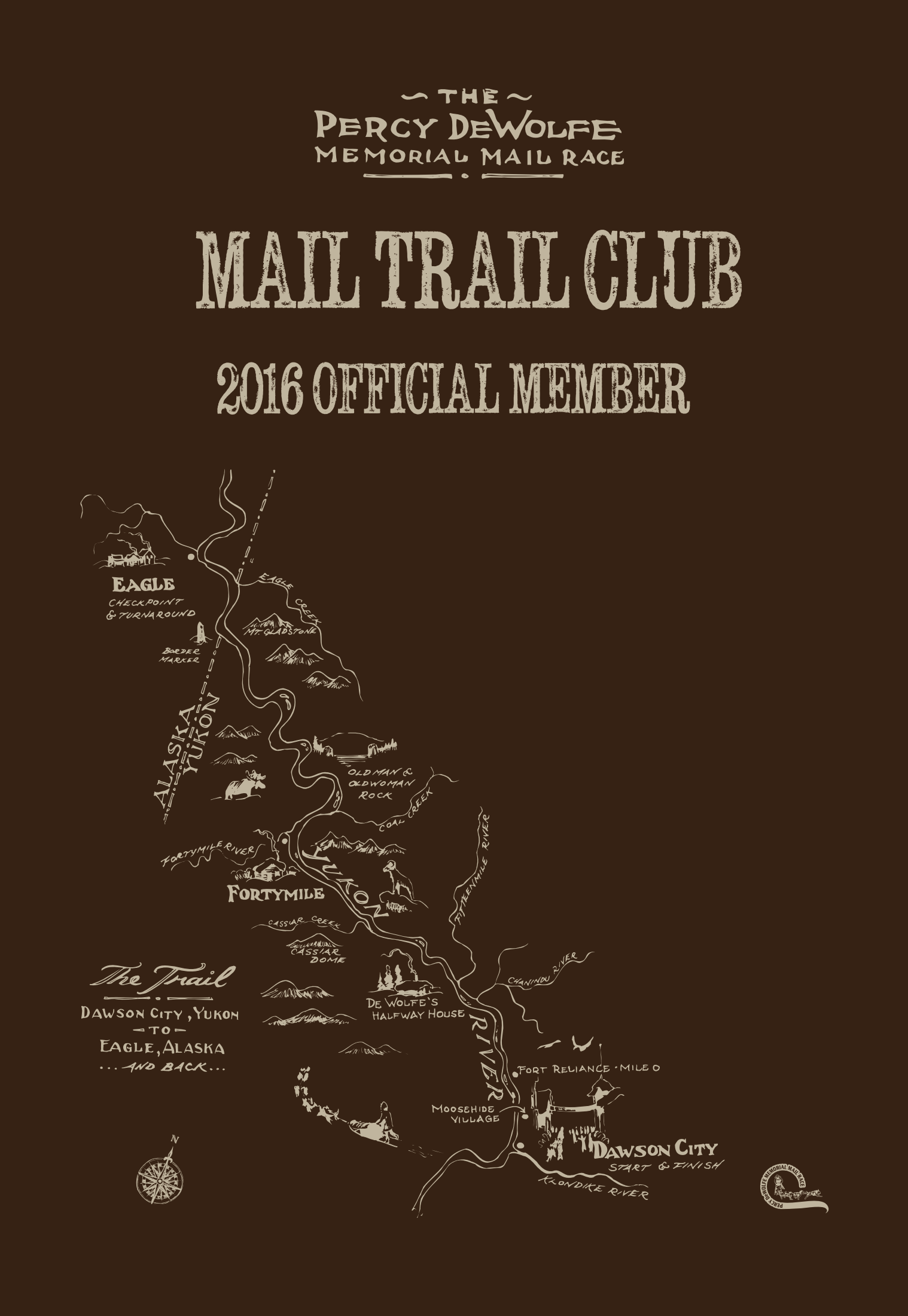 Vintage map poster for the Percy DeWolfe Memorial Mail Race, featuring the 2016 official mail trail from Eagle, Alaska, to Dawson City, Yukon.
