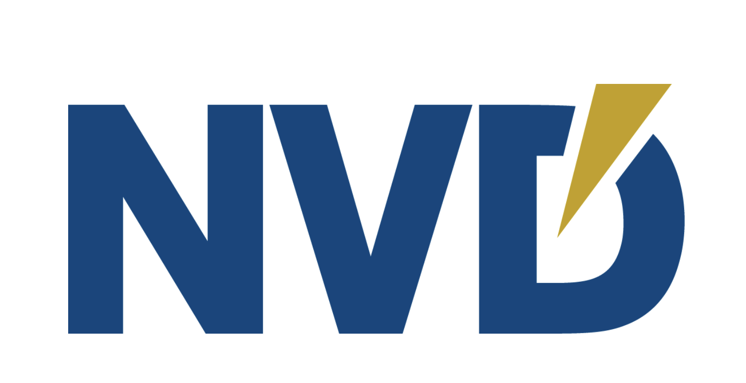 NVD logo in dark blue with a gold lightning bolt
