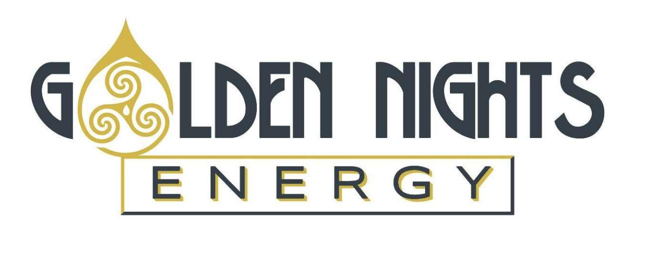 Golden Nights Energy logo with dark blue and gold lettering and a stylized gold triskelion symbol.