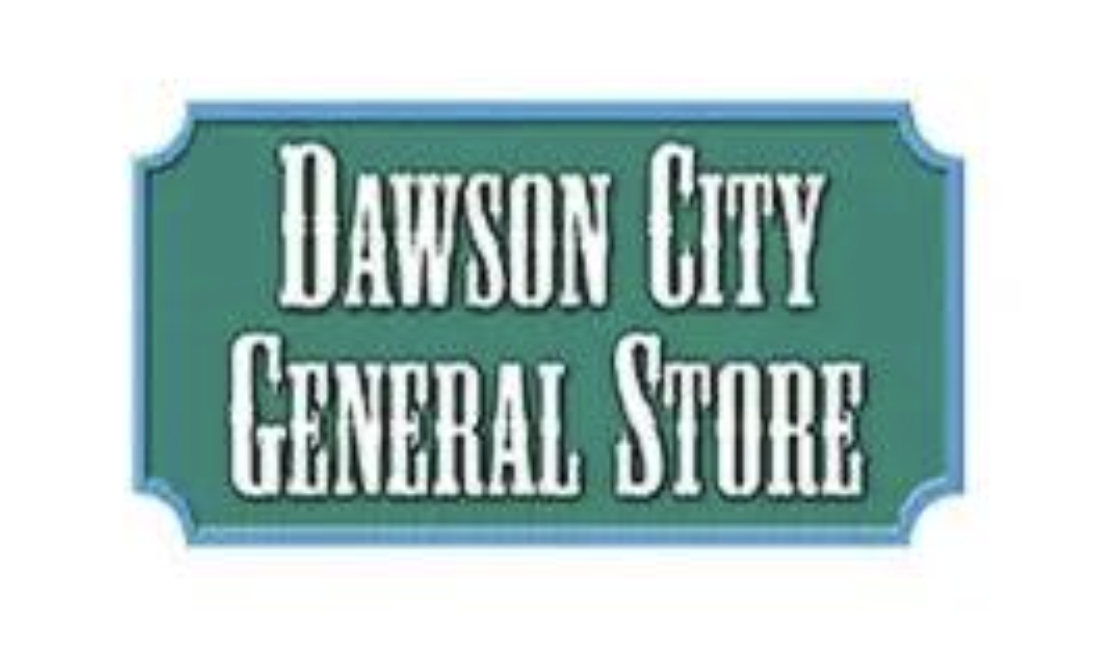 Green vintage-style sign reading “Dawson City General Store.”