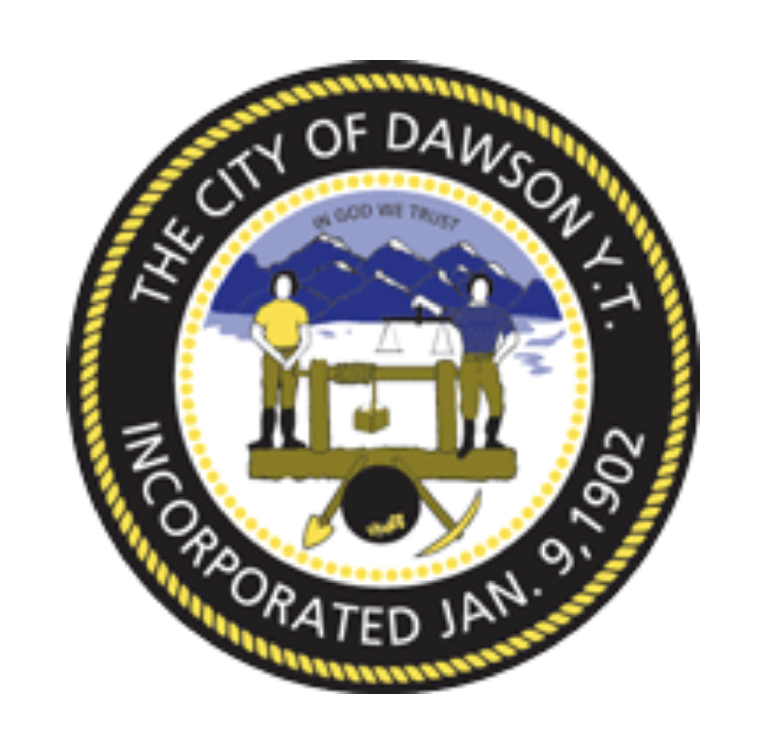 Circular City of Dawson, T.T. incorporated January 9, 1902 seal depicting two miners operating a sluice box against a mountain backdrop