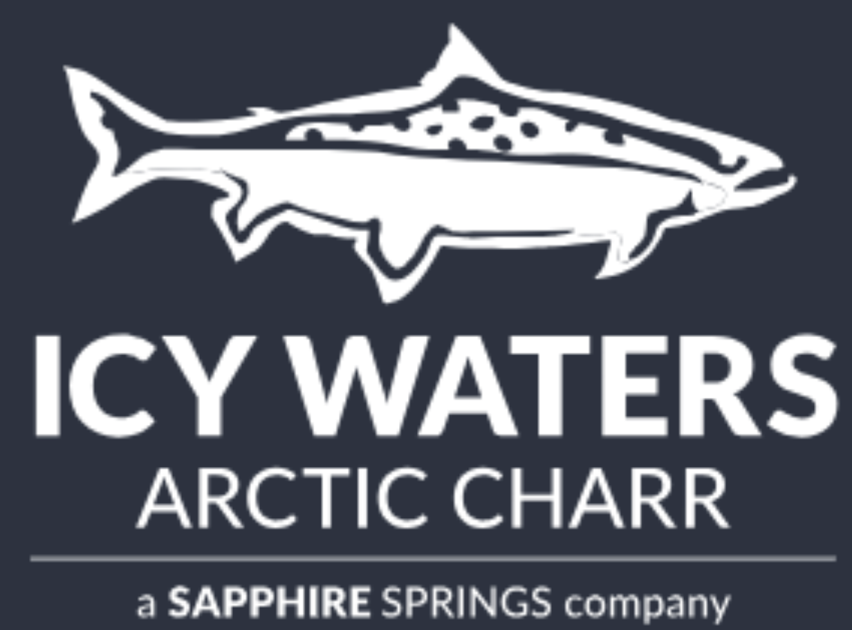 Icy Waters Arctic Charr logo featuring a stylized Arctic char fish and Sapphire Springs company branding