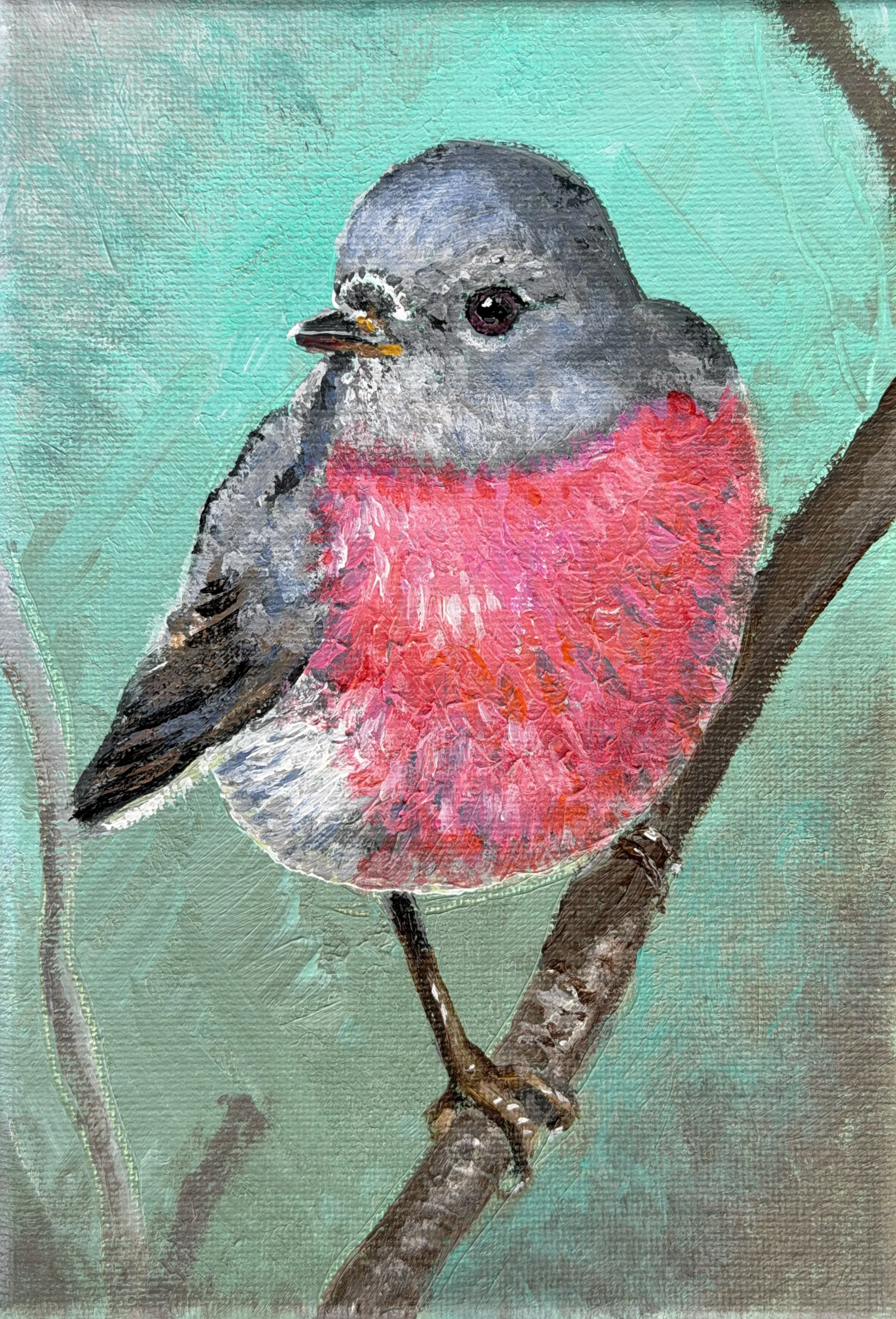 Colorful painting of a gray pigeon with a bright pink chest perched on a branch against a turquoise background