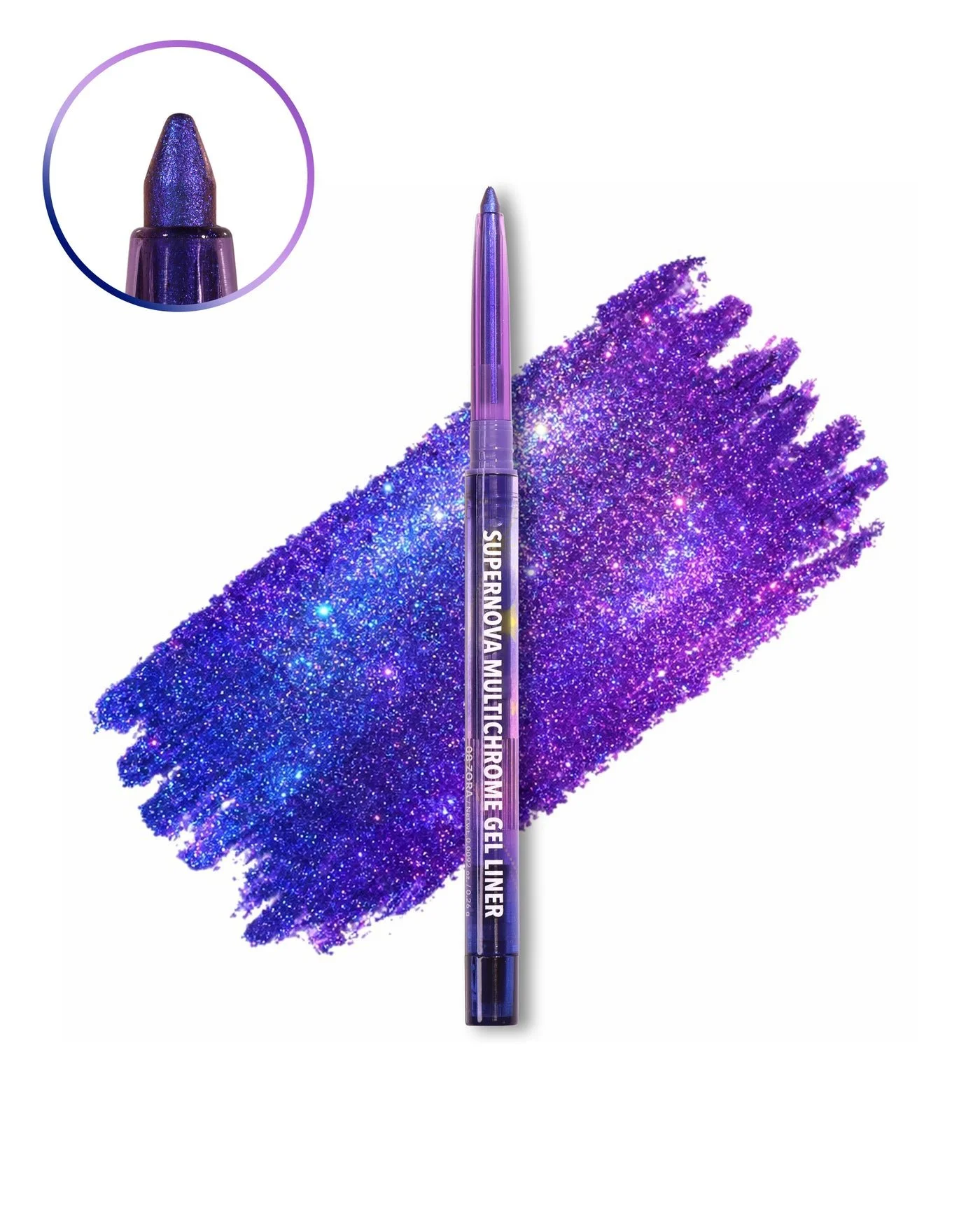 Moira Supernova Multichrome Gel Liner in Zora, with purple and blue color swatch.