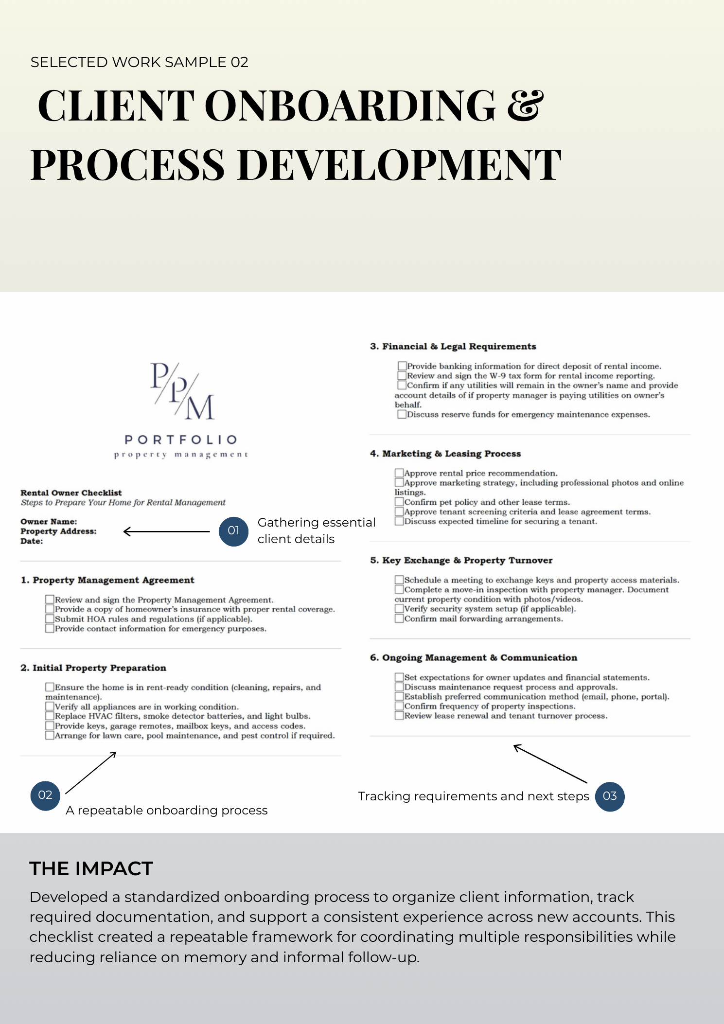 Client Onboarding & Process Development: Created a standardized onboarding checklist to organize client information, track requirements, coordinate responsibilities, and ensure a consistent experience across new accounts.