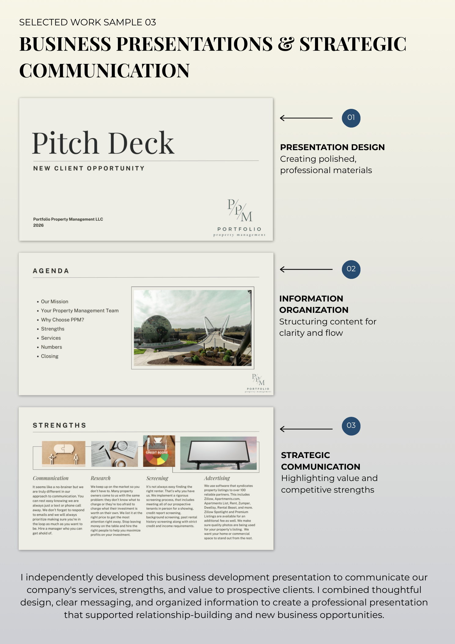 Business Presentations & Strategic Communication: Developed a reusable 12-page client presentation template to communicate services, highlight competitive strengths, and equip the team with consistent, professional sales materials.