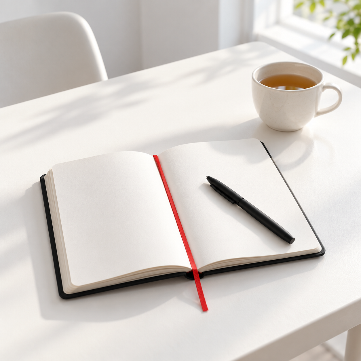 AI placeholder: blank notebook with a black pen and red ribbon beside a cup of tea on a white desk.