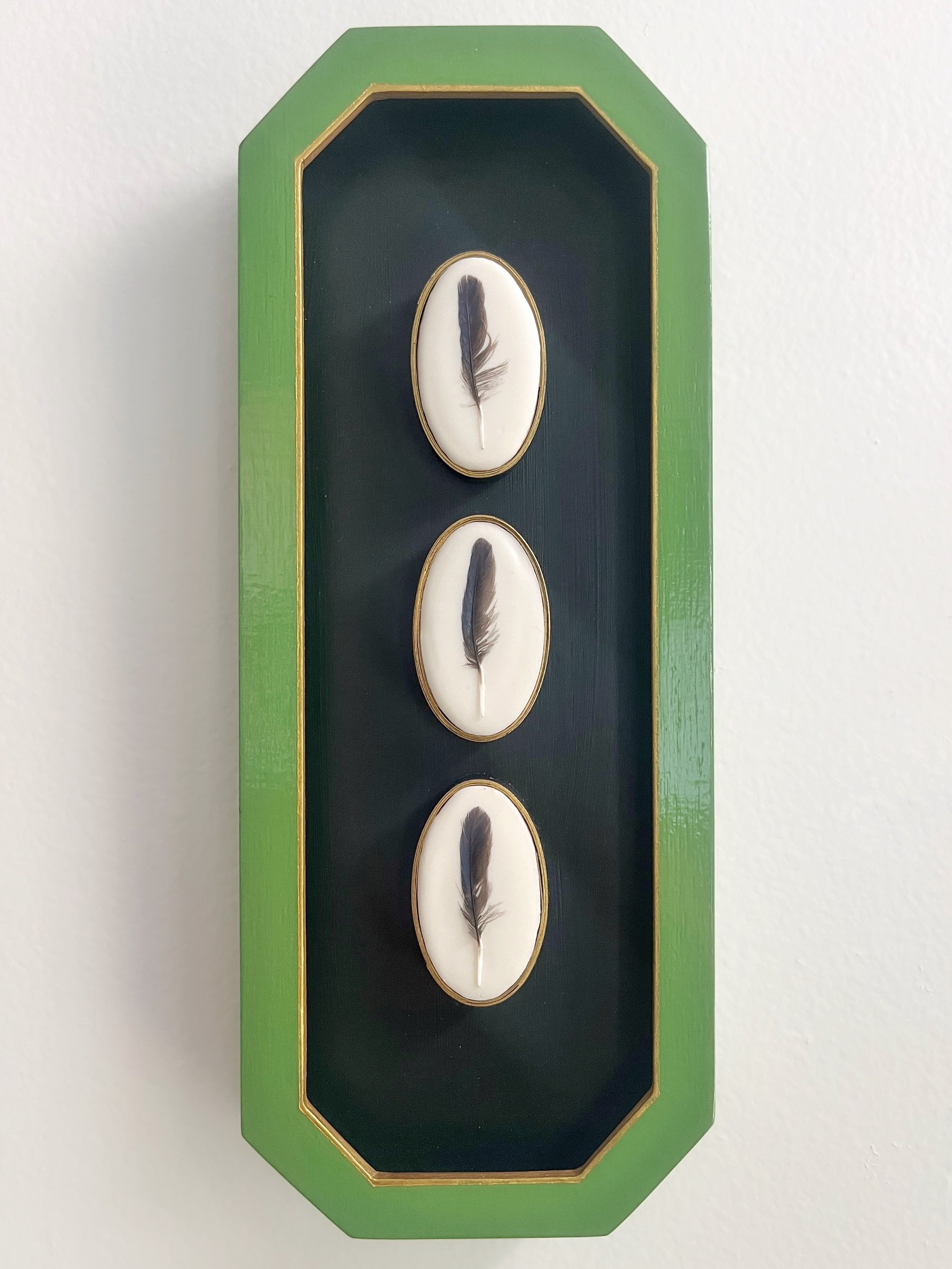 Green octagonal wall display with gold trim and three framed bird feathers on a dark background
