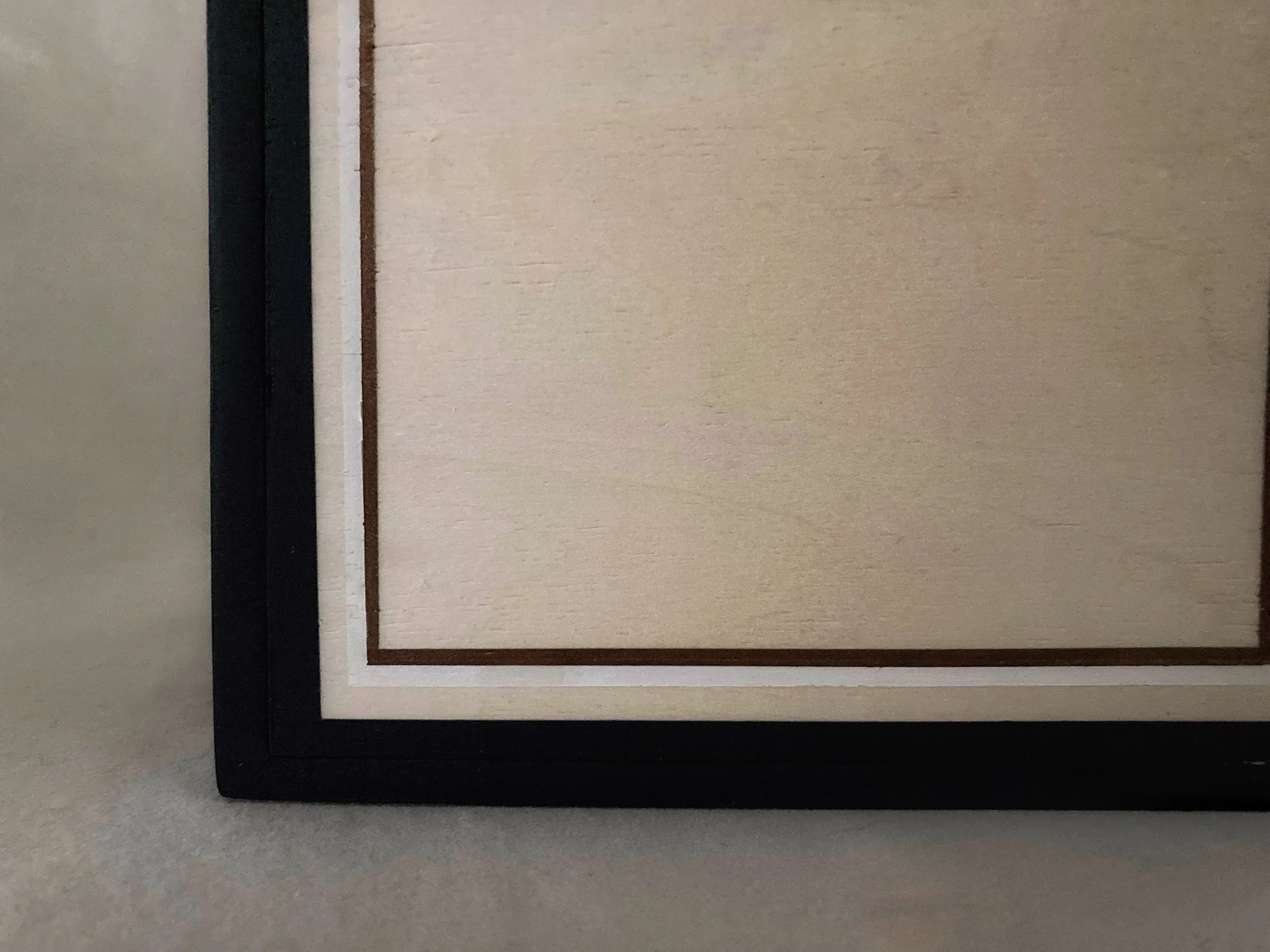Close-up of a blank framed artwork with a black outer frame and brown inner border