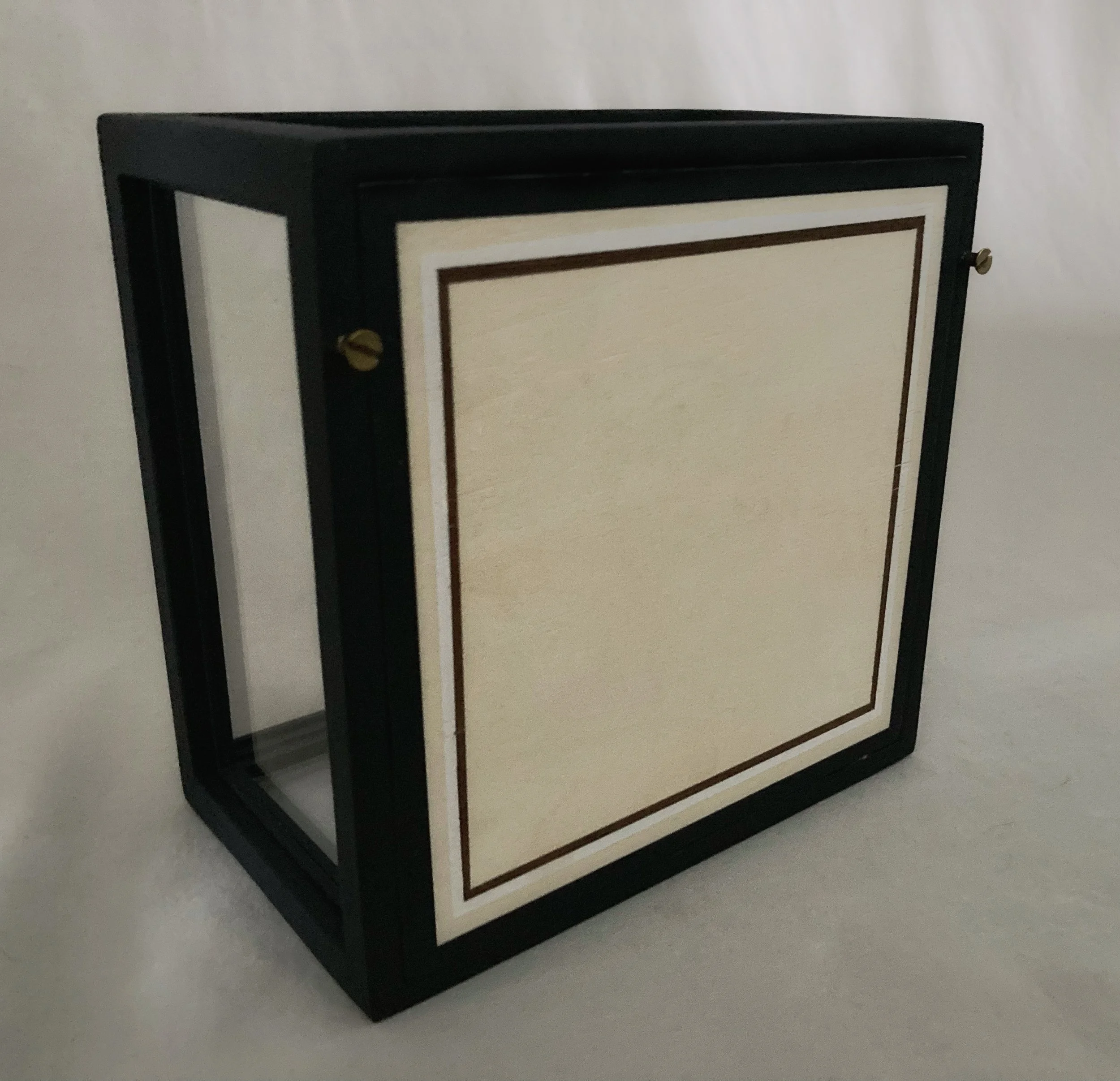 Black wooden shadow box frame with a cream-colored mat and gold trim, photographed at an angle.