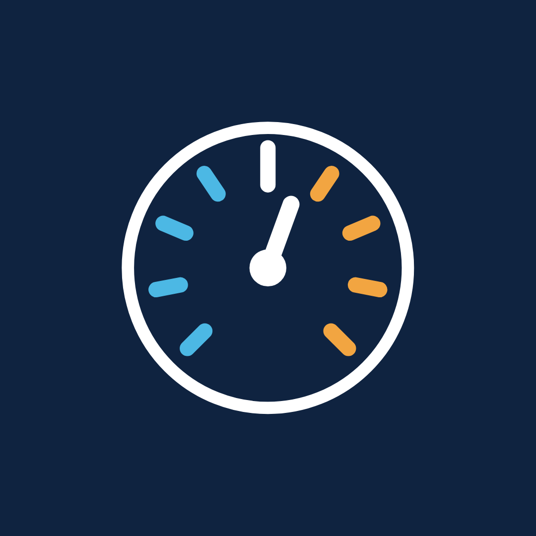 Stylized speedometer icon with blue and orange gauge markings on a dark blue background