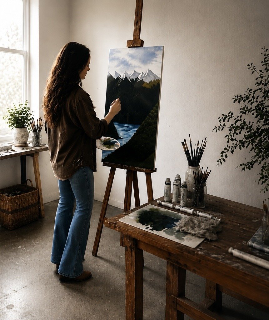 Artist painting a mountain landscape on a canvas in a sunlit studio surrounded by brushes, paints, and plants