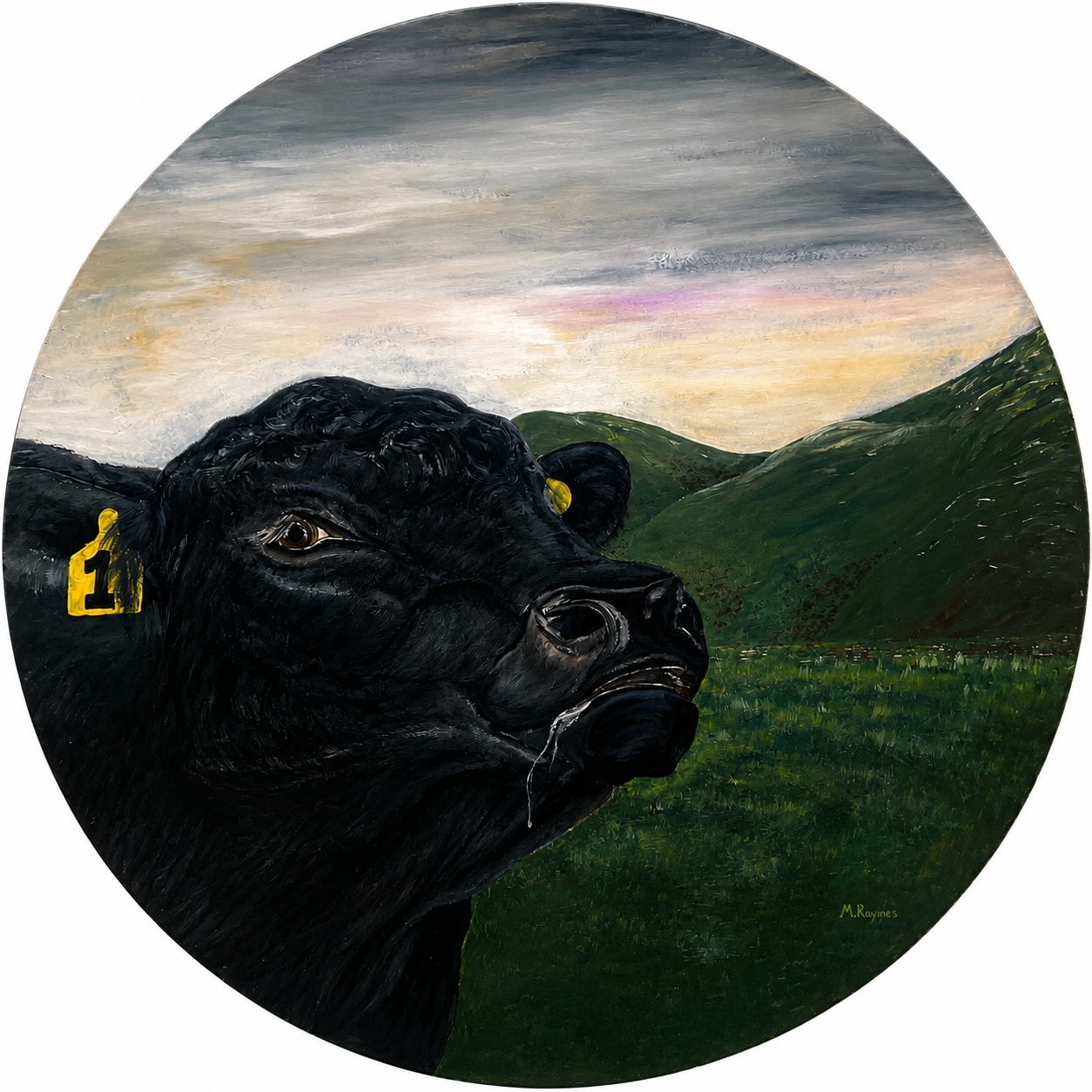 Painting of a black cow with yellow ear tags in a green mountain valley at sunset