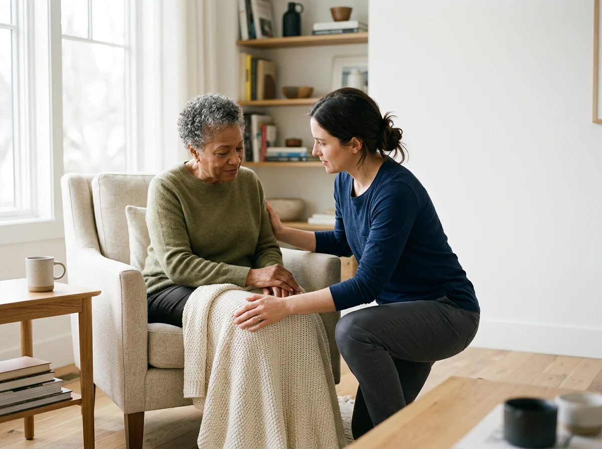 Caregiver comforting an older woman seated in an armchair at home