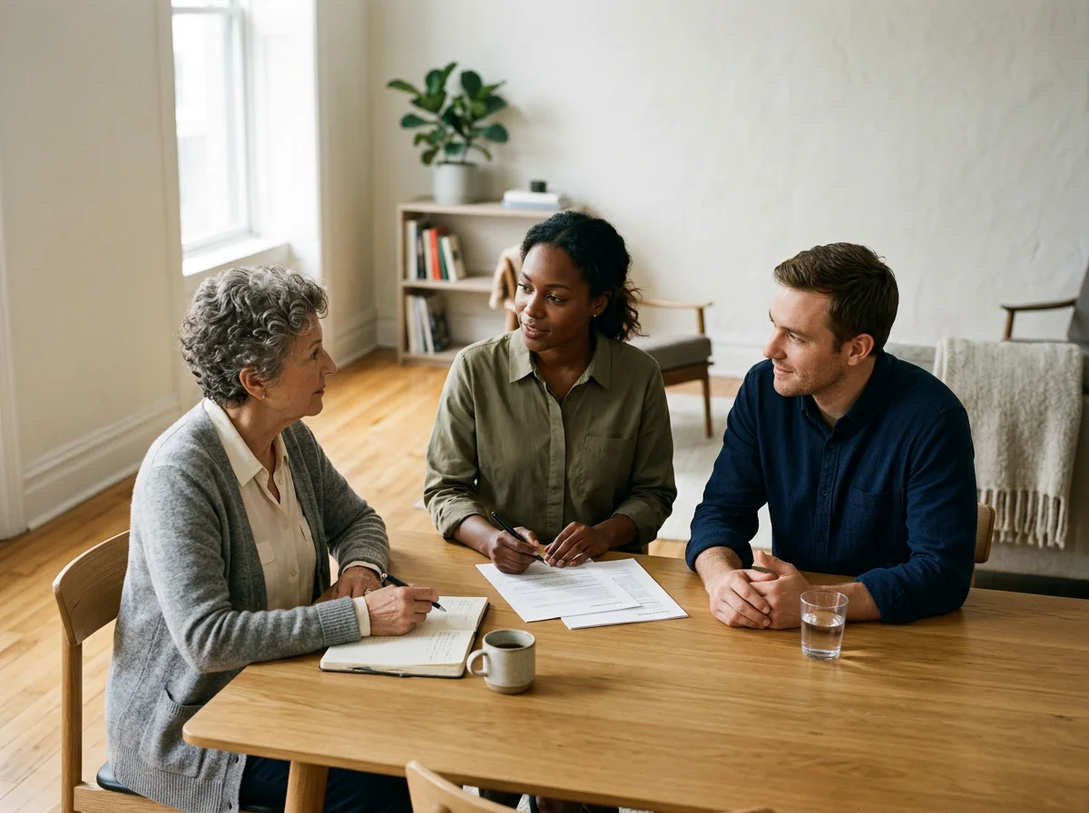 Three adults discussing paperwork at a wooden table in a bright living room