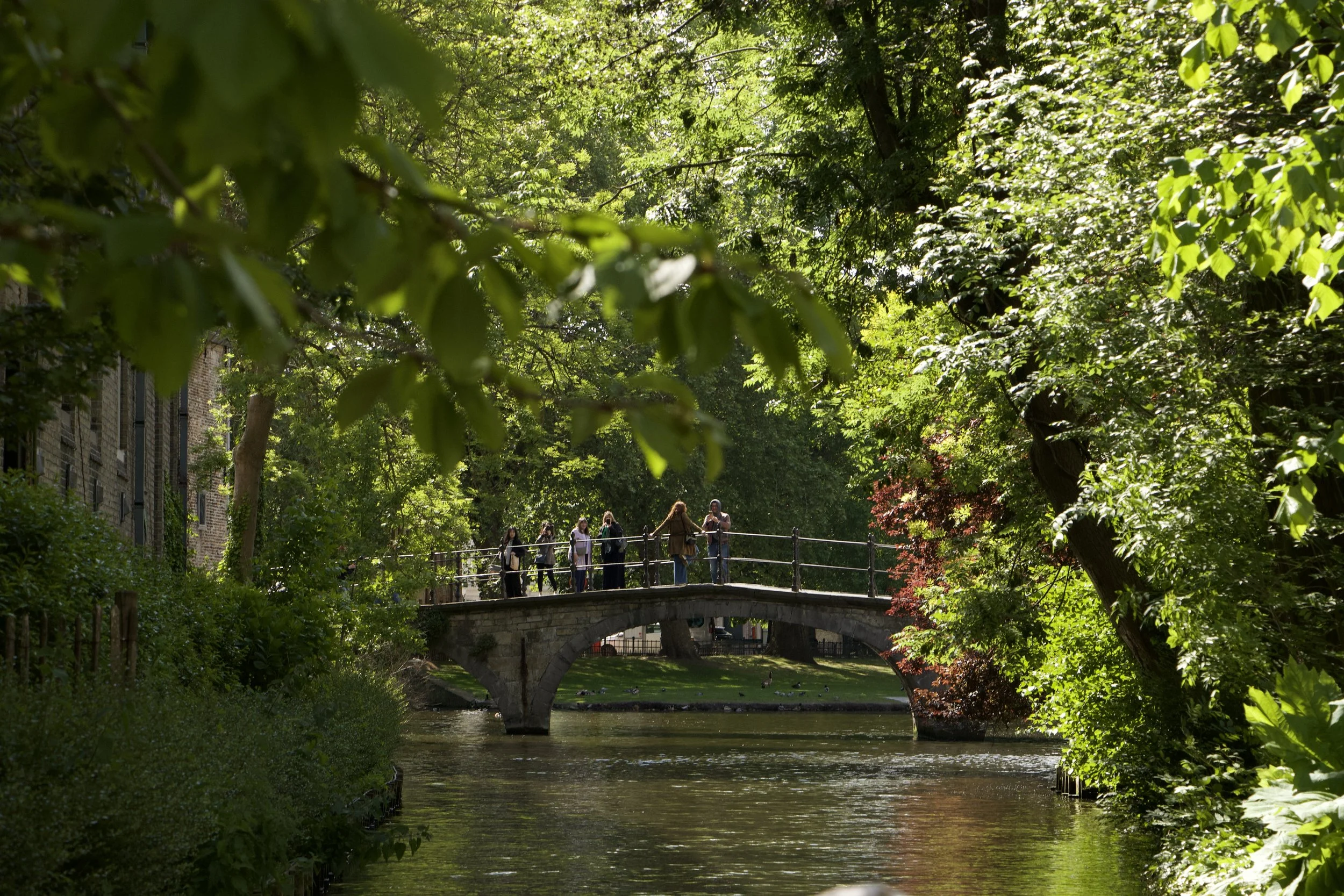 People crossing a stone footbridge over a tree-lined canal in a lush urban area of Bruges.