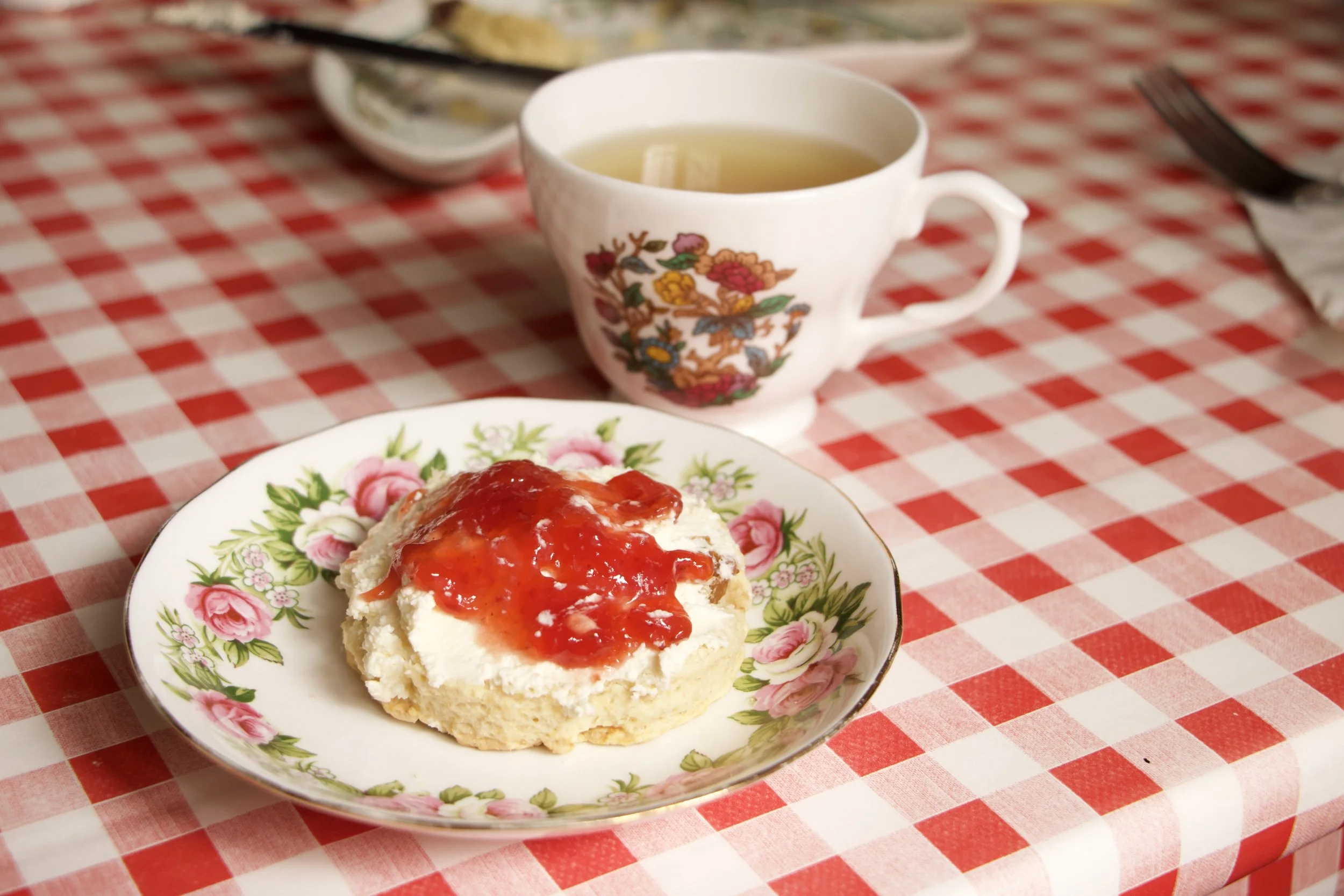 Scone topped with whipped cream and strawberry jam on a floral plate beside a cup of tea at Ty Hyll.