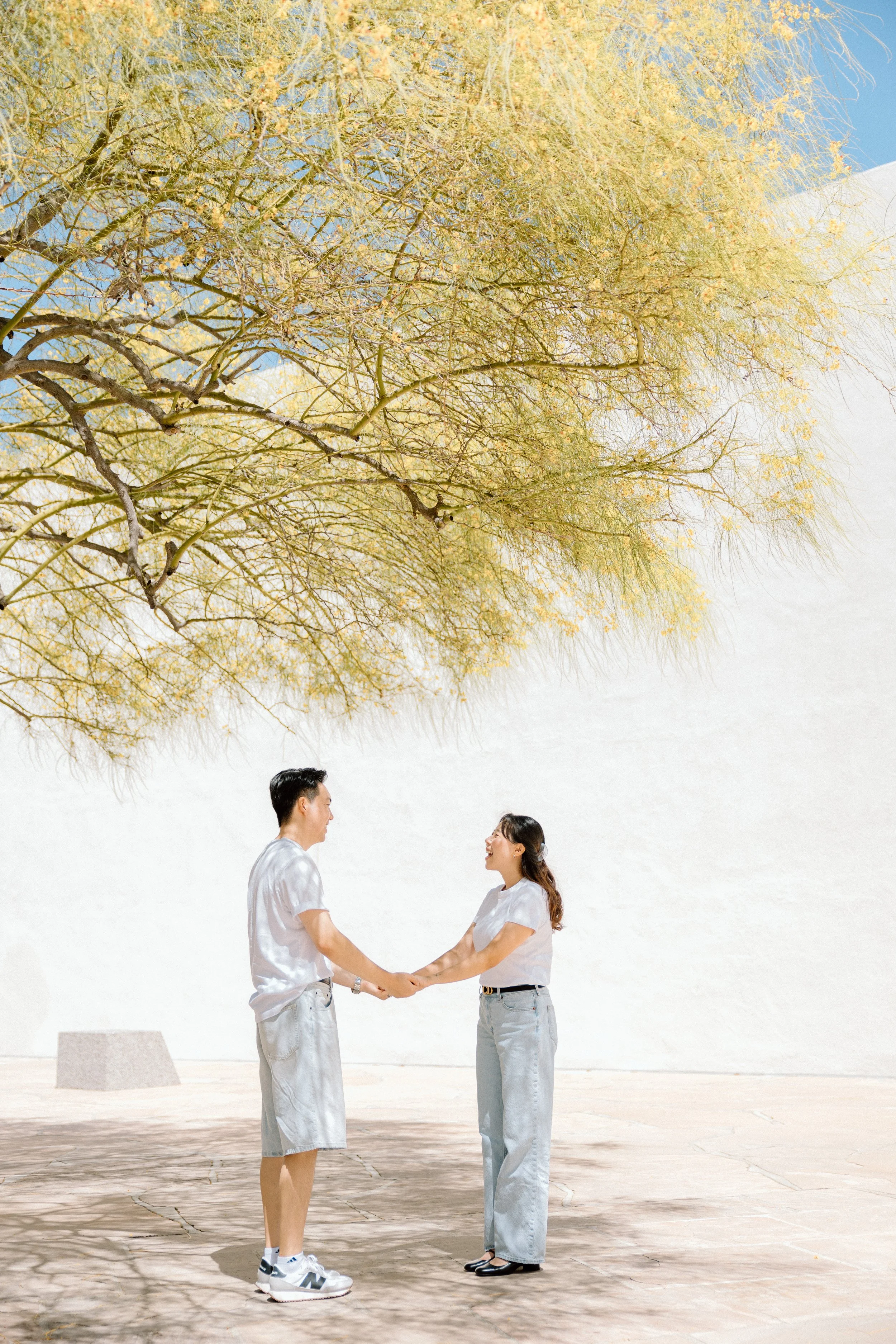 Smiling couple holding hands beneath a flowering tree in a bright outdoor courtyard