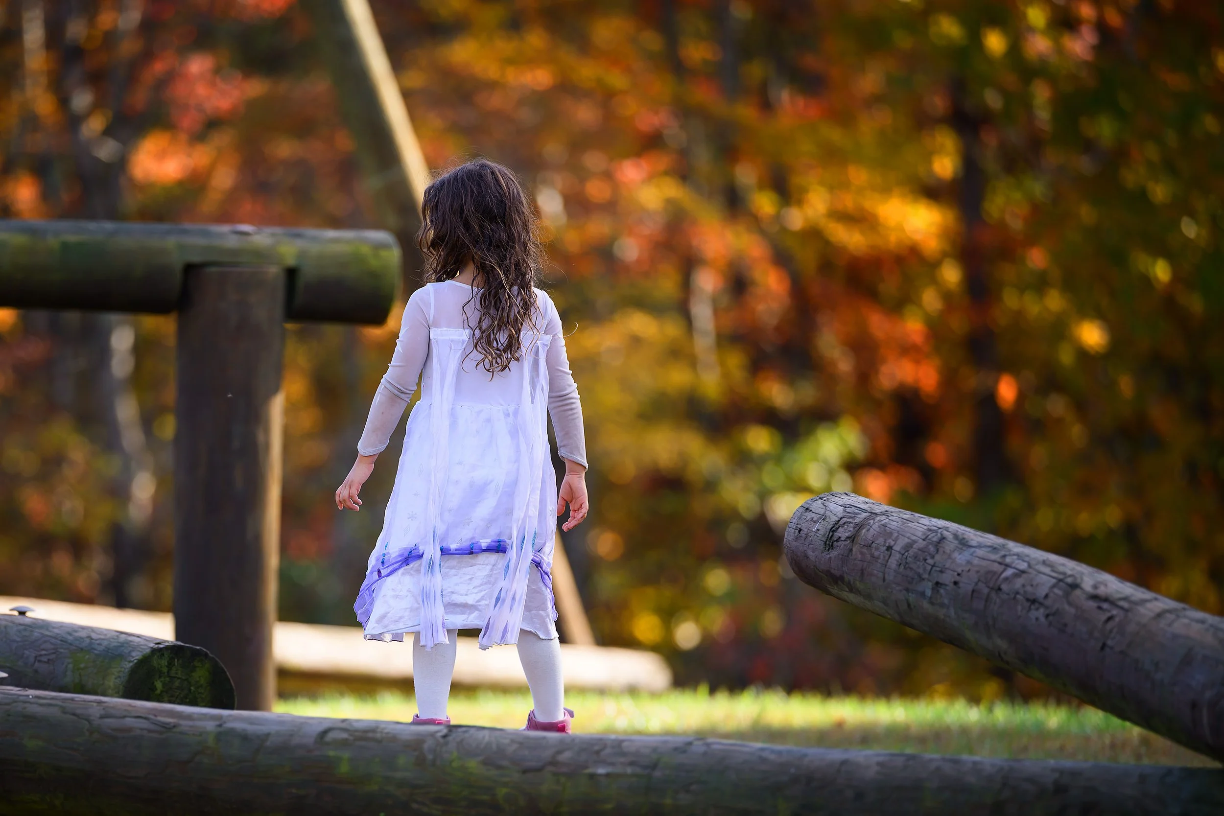 AKITA - A young girl makes her way across wooden beams while enjoying the seasonal fall day.