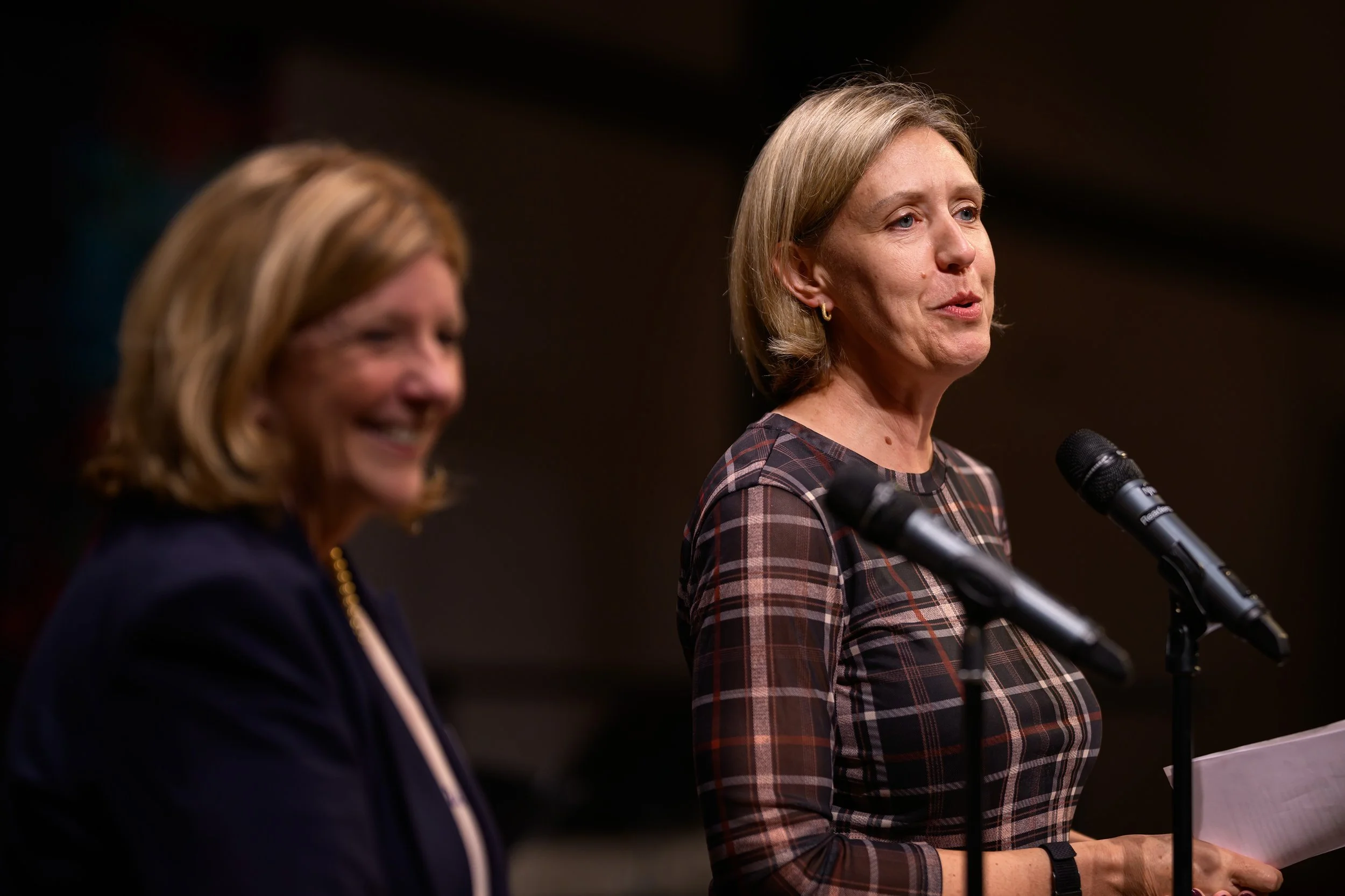SEARCH - Senior Minister Search Committee Chair Molly Hagkull takes the stage.