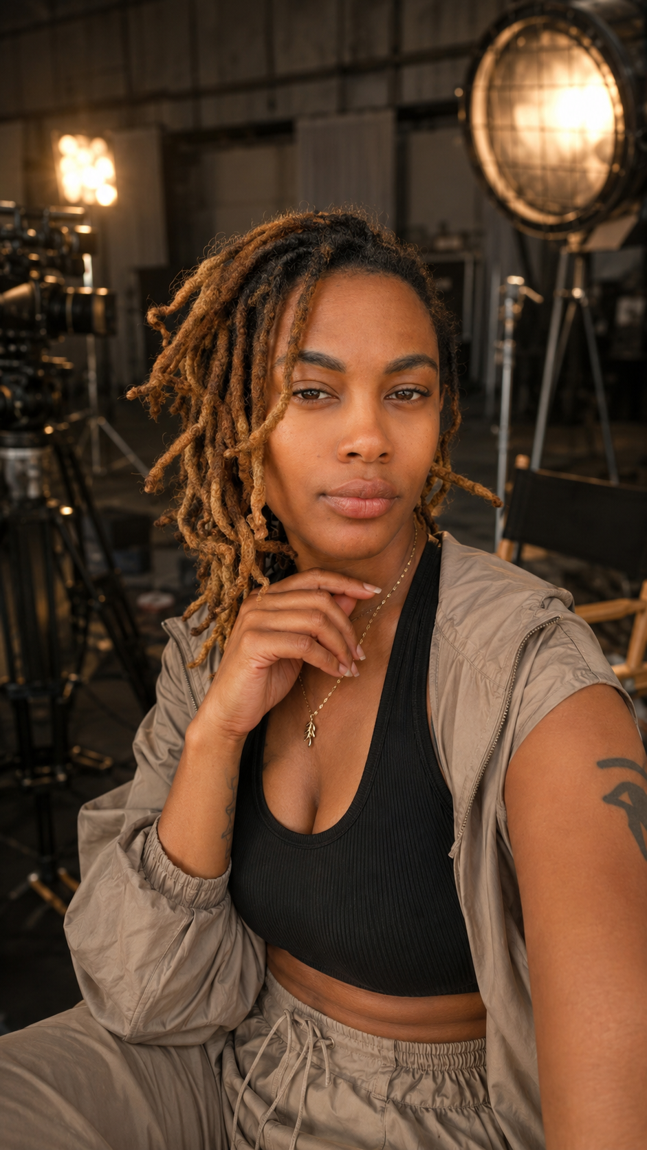 Portrait of a woman with dreadlocks posing in a photography studio with professional lights and cameras