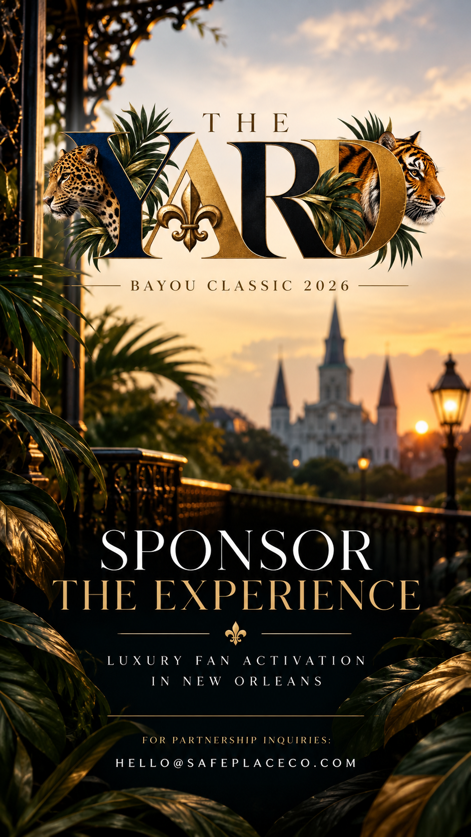 Luxury sponsor poster for The Yard Bayou Classic 2026 in New Orleans, featuring leopard and tiger artwork, tropical foliage, and a sunset view of St. Louis Cathedral.
