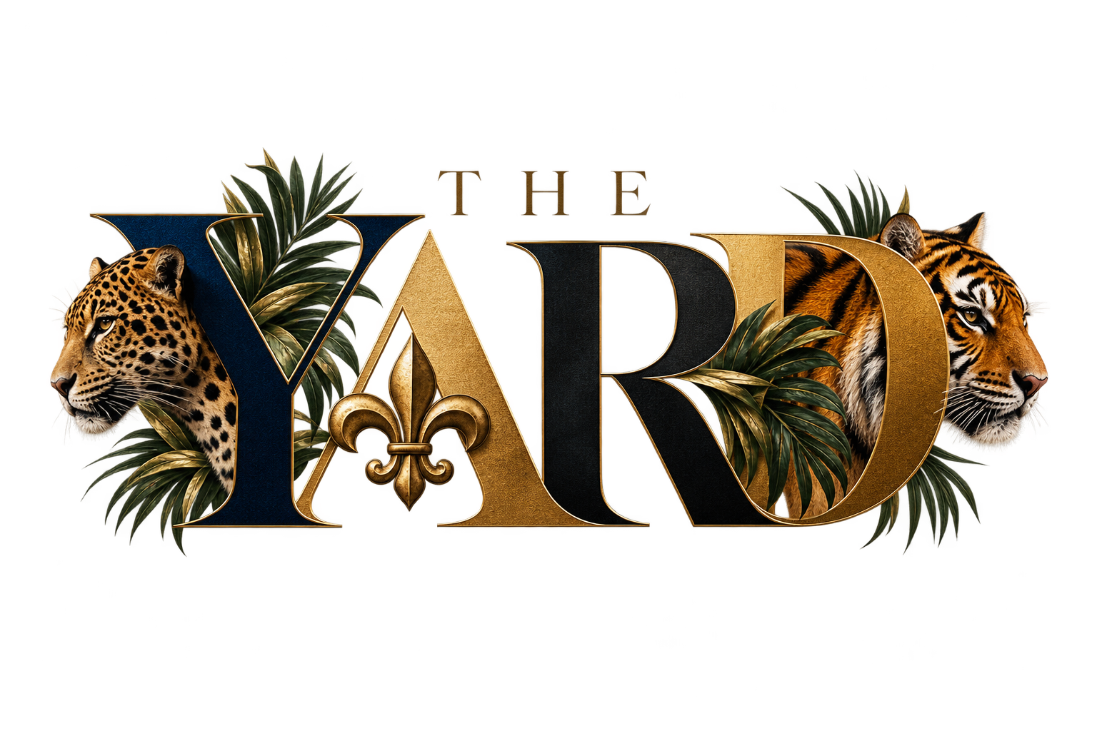 Decorative “THE YARD” logo with leopard and tiger portraits, tropical leaves, and a fleur-de-lis on a black background.
