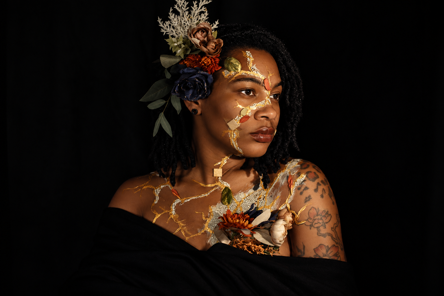 Portrait of a Black woman with floral hair accessories, gold face and body paint, and tattoos against a black background