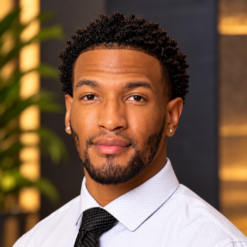 Professional headshot of a smiling Black man with short curly hair, a trimmed beard, earrings, white dress shirt, and black tie