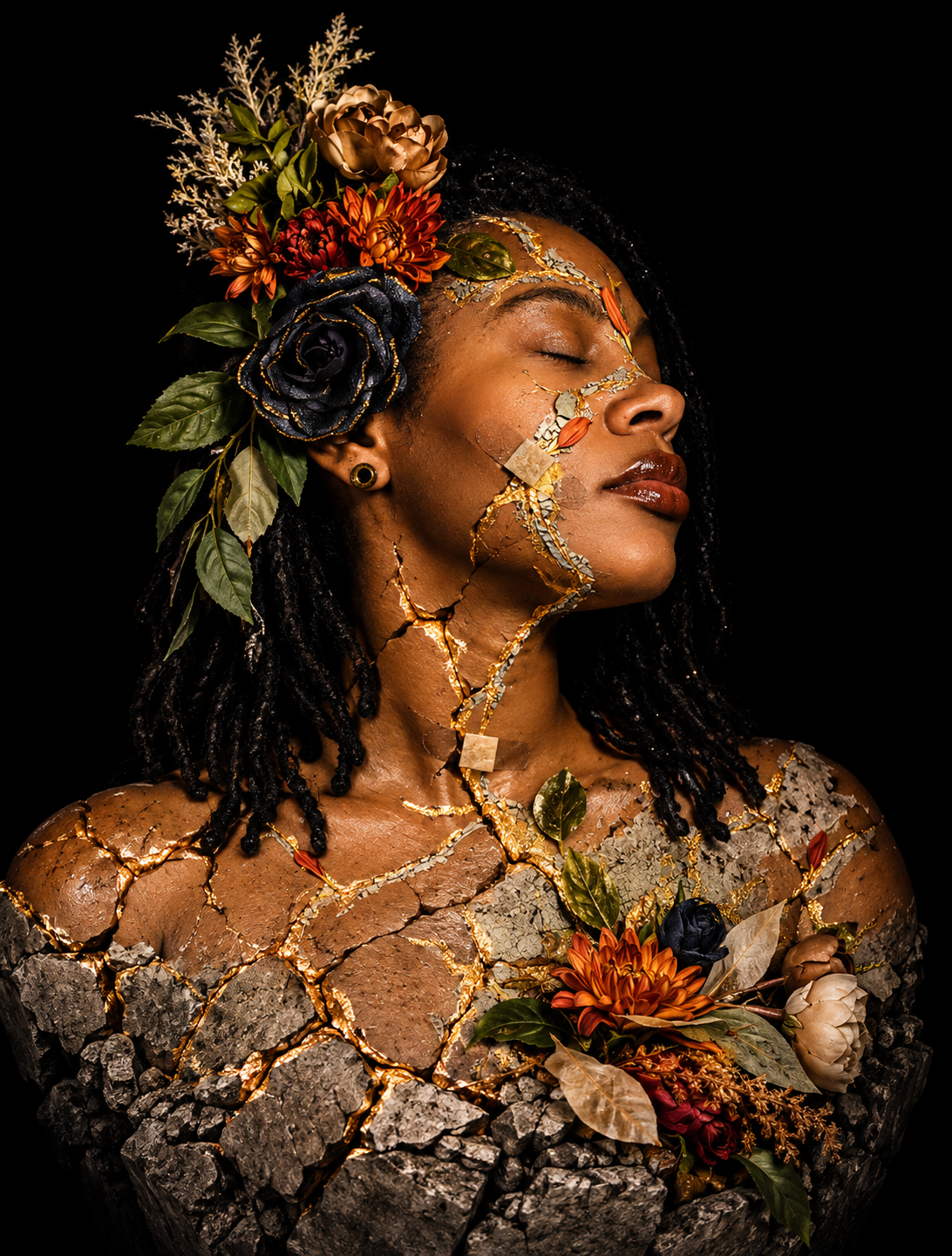Portrait of a Black woman with closed eyes, floral headdress, and gold kintsugi-style body makeup against a black background