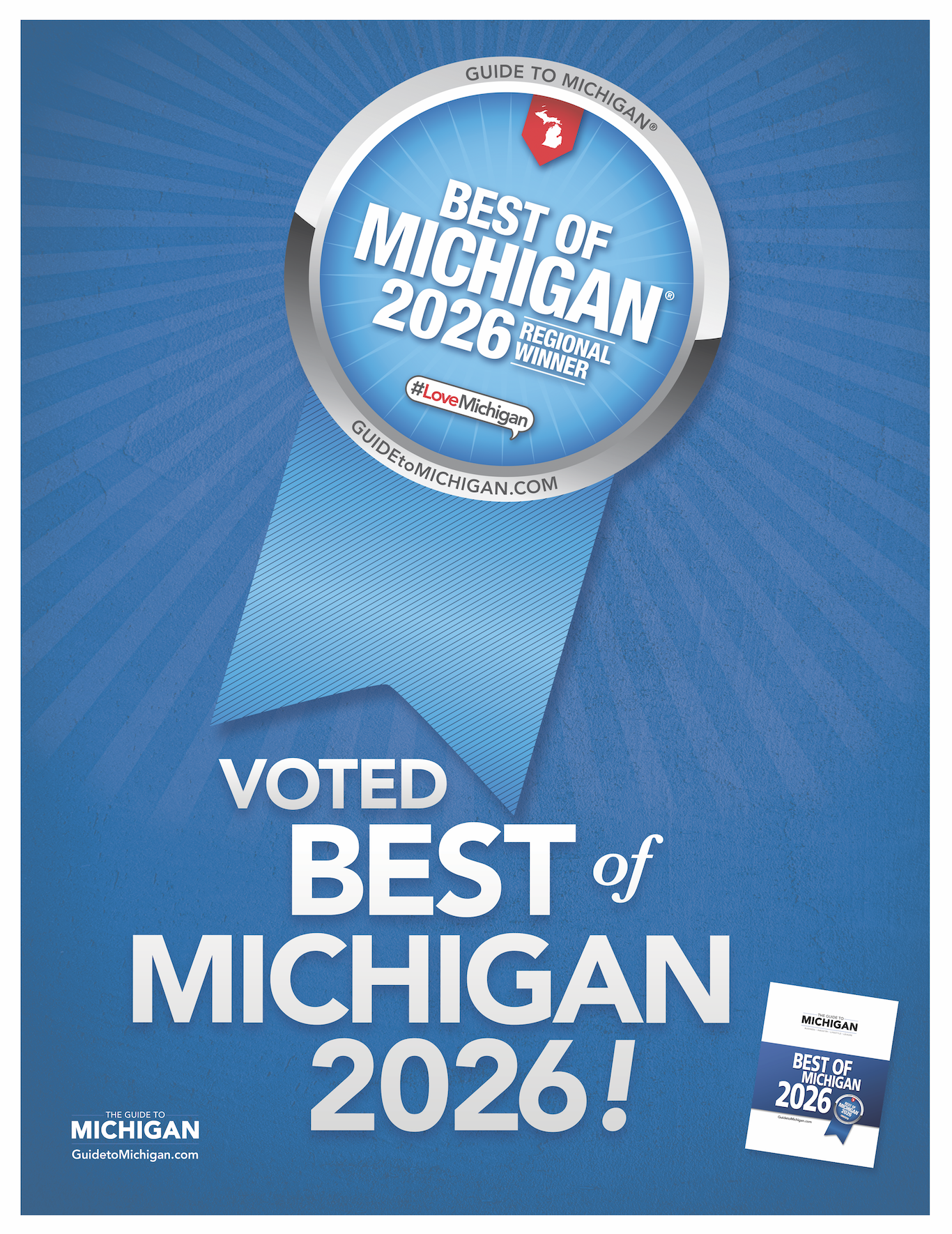 Guide to Michigan Best of Michigan 2026 regional winner promotional graphic with a blue Michigan-shaped ribbon and award badge.