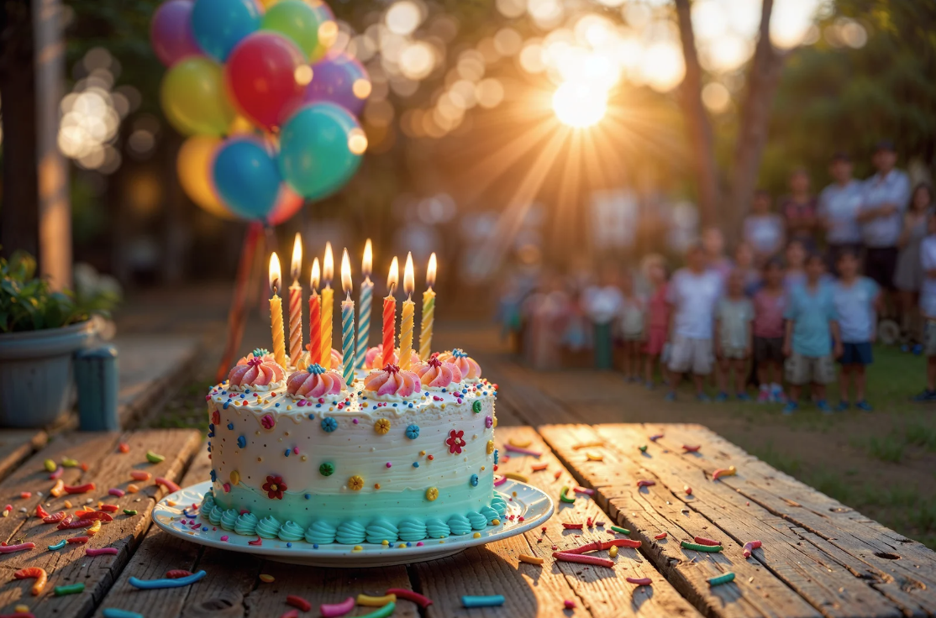 Colorful birthday cake with lit candles and balloons on a picnic table at an outdoor children's party