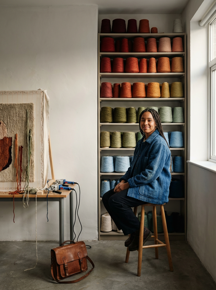 Textile artist sitting on a stool beside shelves of colorful yarn spools in a weaving studio