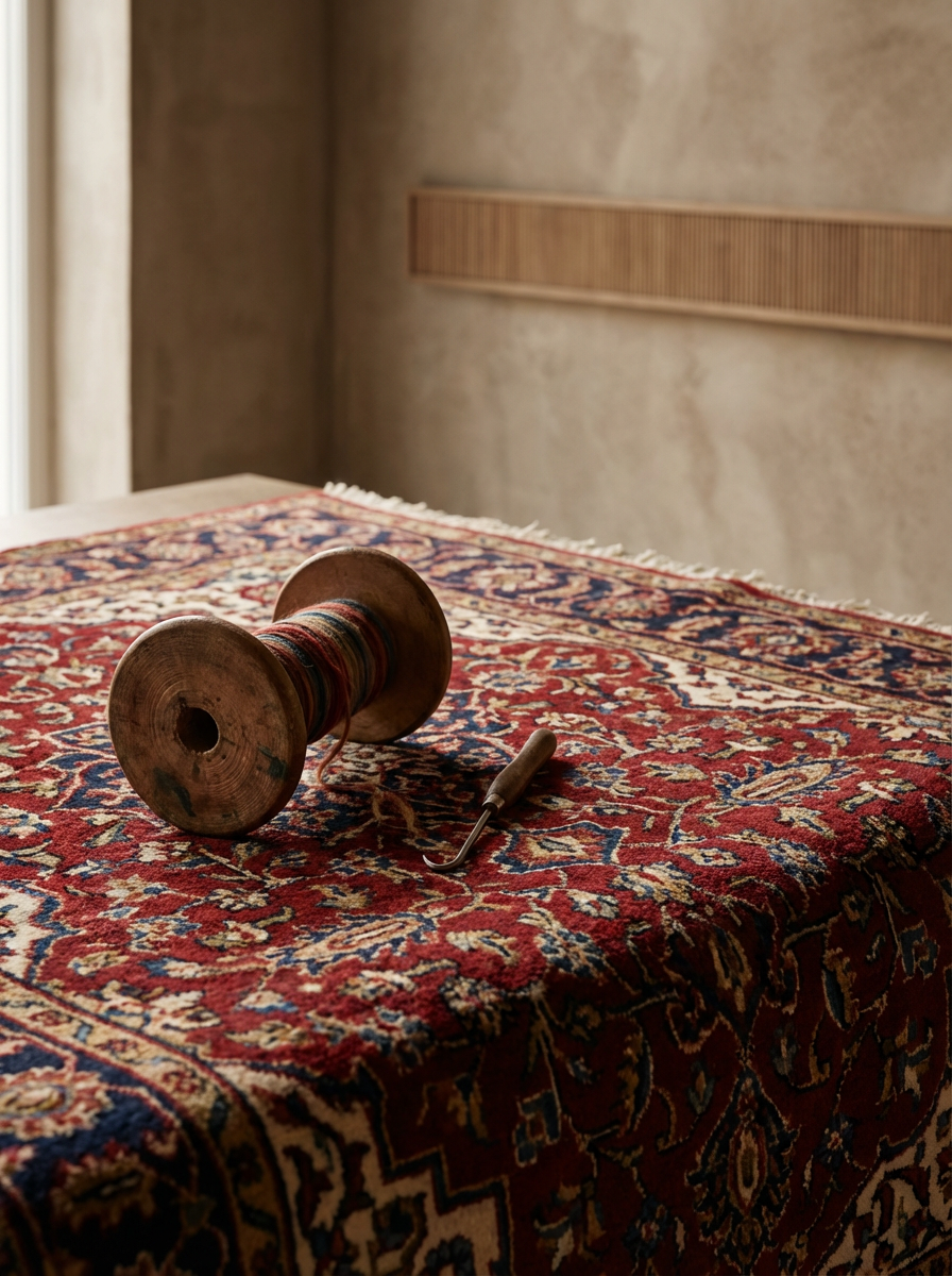 Wooden yarn spool and crochet hook resting on a richly patterned Persian rug